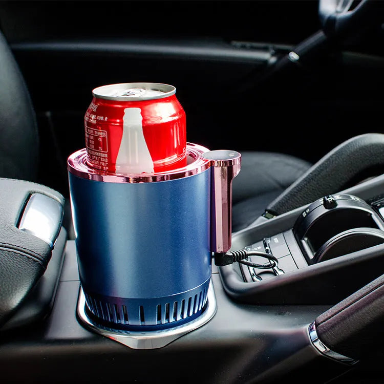 Black car cup holder with digital temperature display showing heating and cooling functions for 12V vehicle use