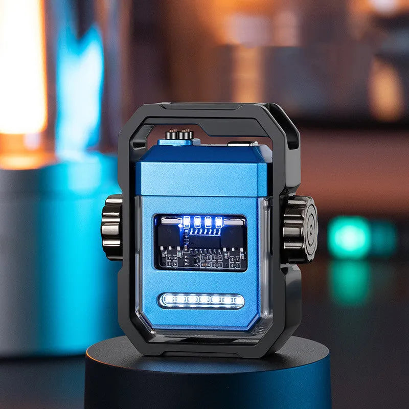 Blue windproof electric lighter with a double arc flame and a visible mechanical gyroscope mechanism.