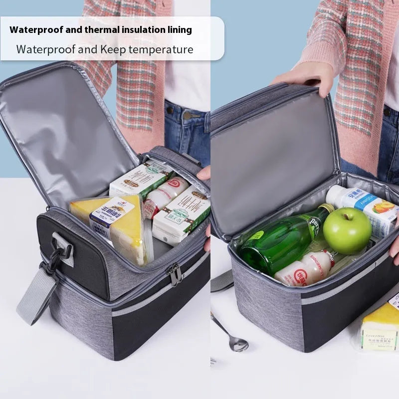 Double-layer colour matching lunch bag with thick aluminium foil insulated lining in Oxford cloth, black colour
