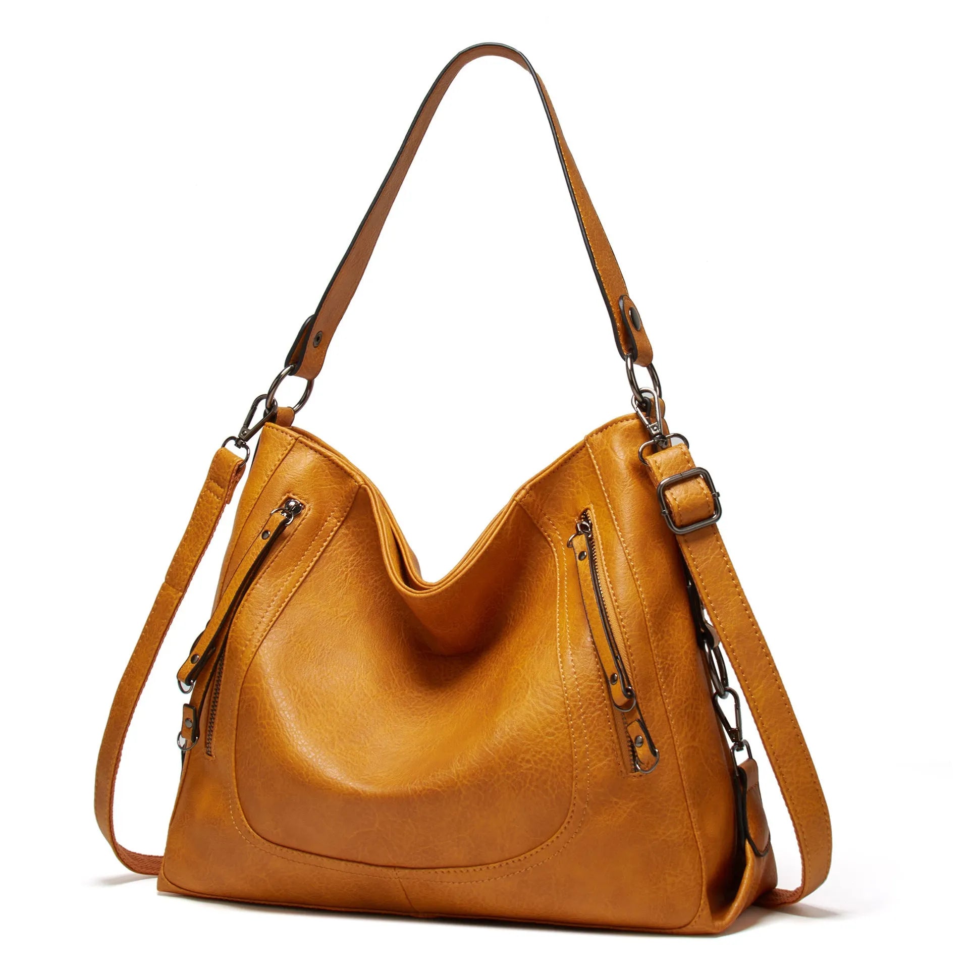 Fashion large capacity PU tote bag in beige with sewing line detail, sandwich pocket, and single shoulder strap.