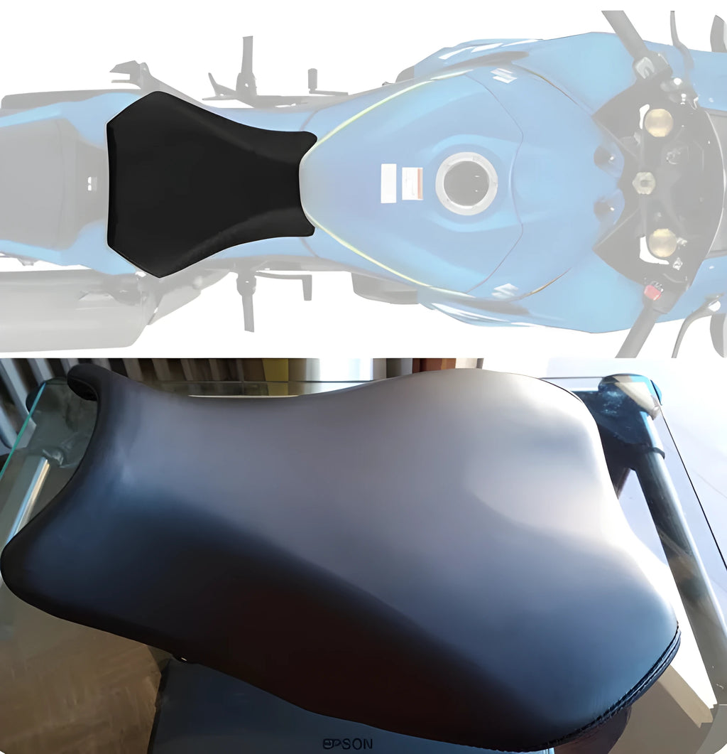 Leather seat bag cover for Suzuki GSXR1000 motorcycle on a bike seat.