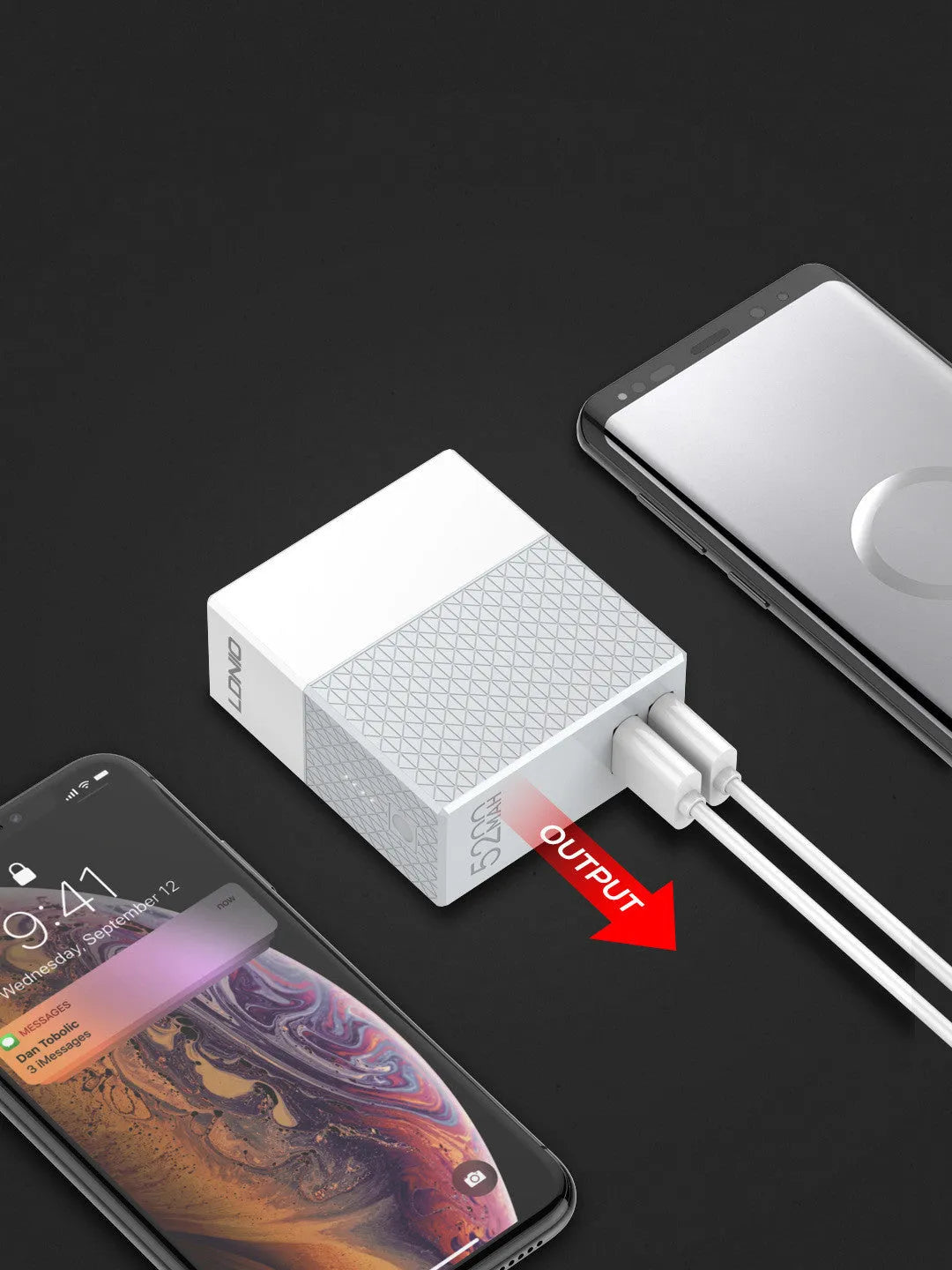 White two-in-one mobile power bank charger with built-in plug measuring 71.5mm