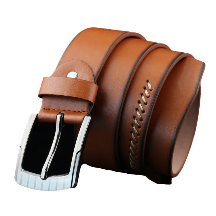 Men's black imitation leather belt with silver alloy pin buckle on a white background.