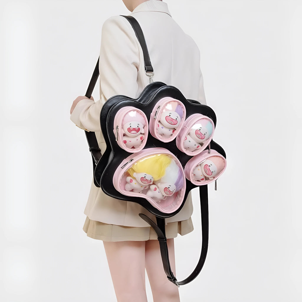 Multi-layer cat paw Japanese ladies' bag in black pink with love stitches and waterproof PU outer