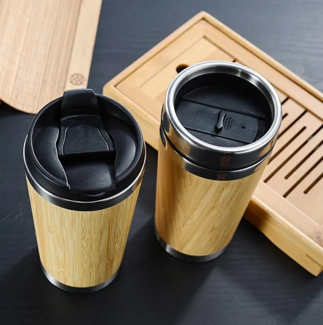 Bamboo coffee cup with stainless steel double wall insulation, 420ml capacity, leak-proof lid and foam pad