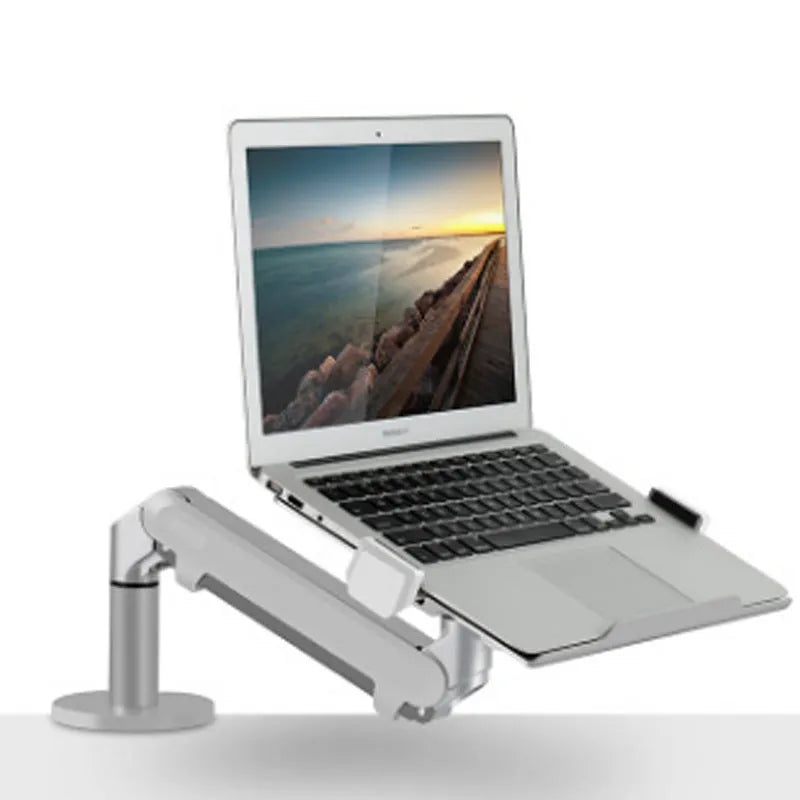 Silver aluminium laptop stand with air pressure arm bracket and rotating platform