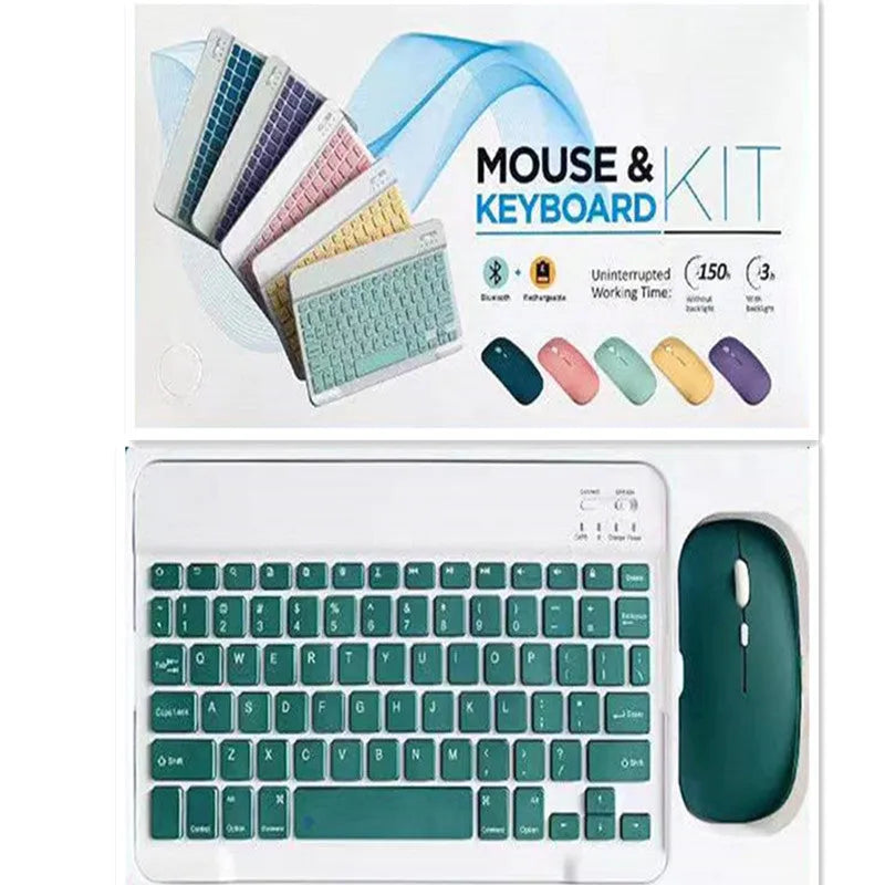 Creative solid colour Bluetooth keyboard and mouse set showing keyboard, mouse, and USB linker.
