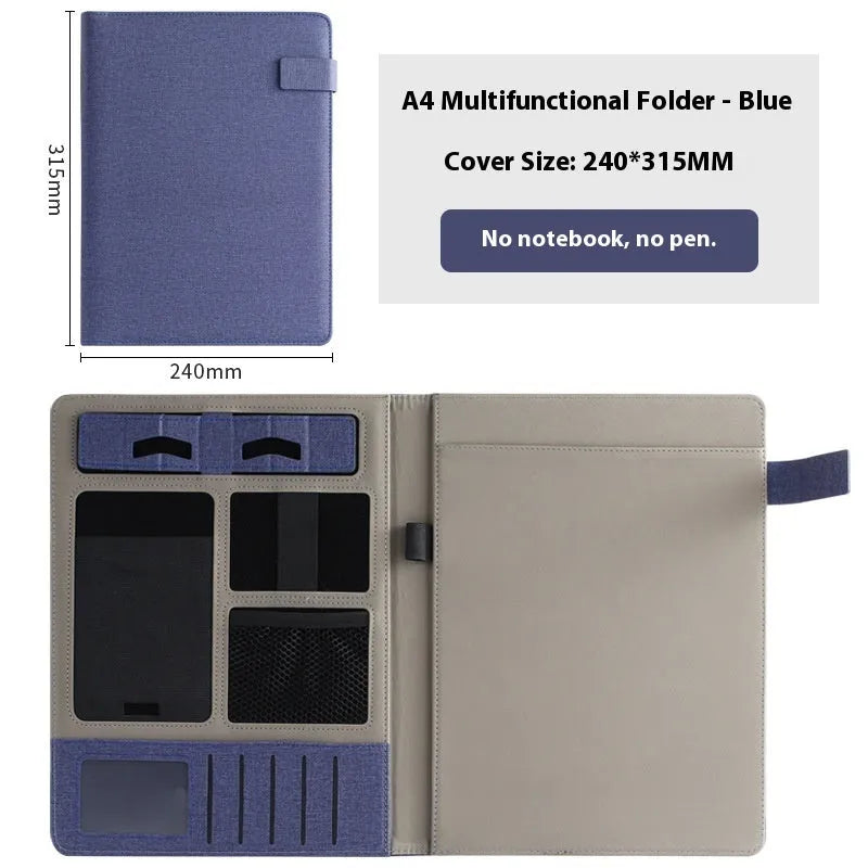 Black leather A4 multifunction folder for documents with optional pen and notepad.