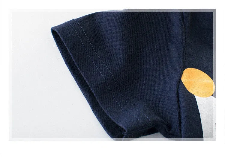 Boys' royal blue short sleeve cotton T-shirt shown on a hanger.