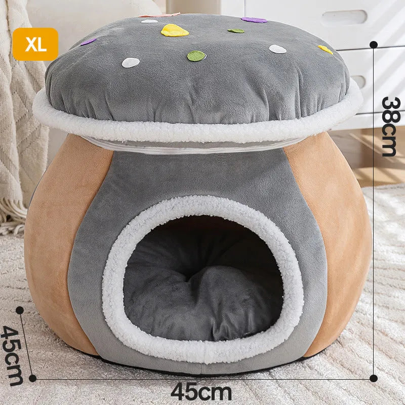 Grey plush mushroom-shaped cat bed with a detachable blanket inside a pet cage.