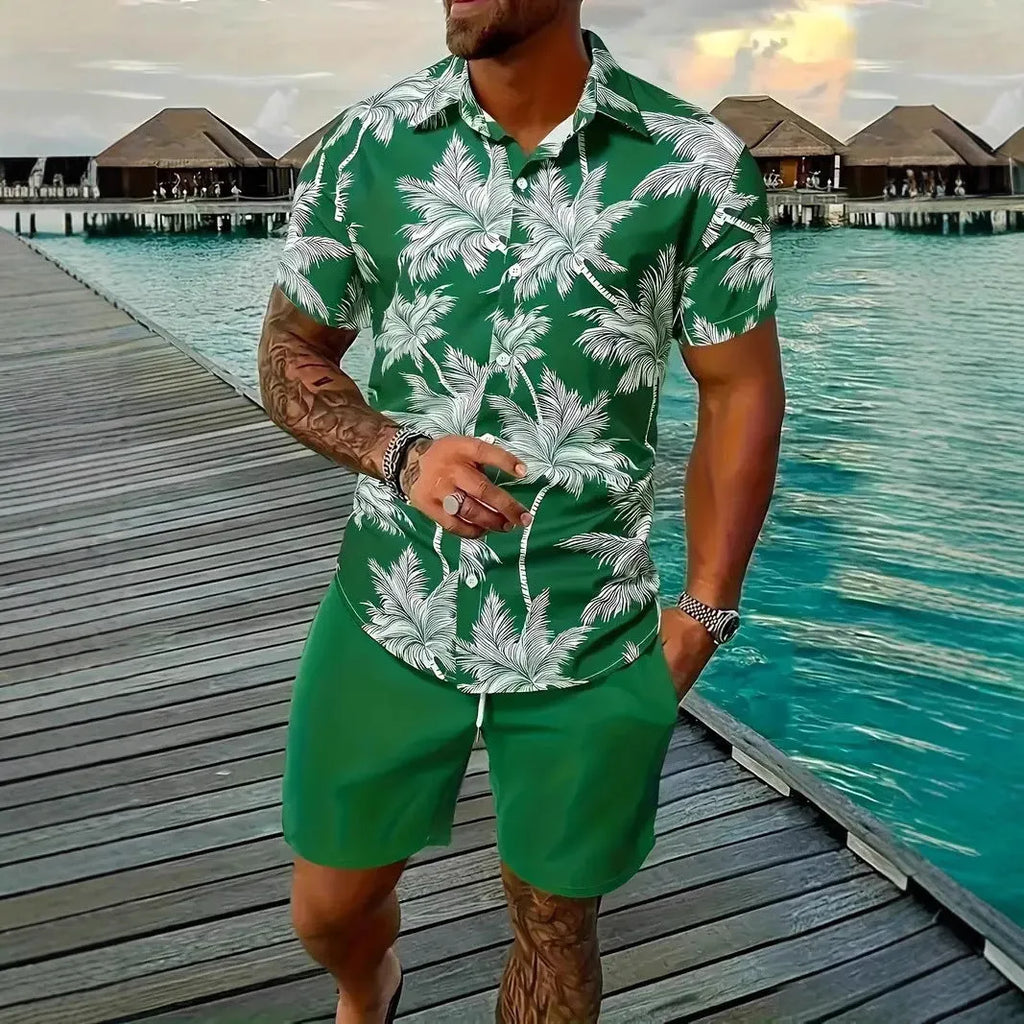 Men's Hawaiian themed 3D printed short sleeve top and matching shorts leisure suit set