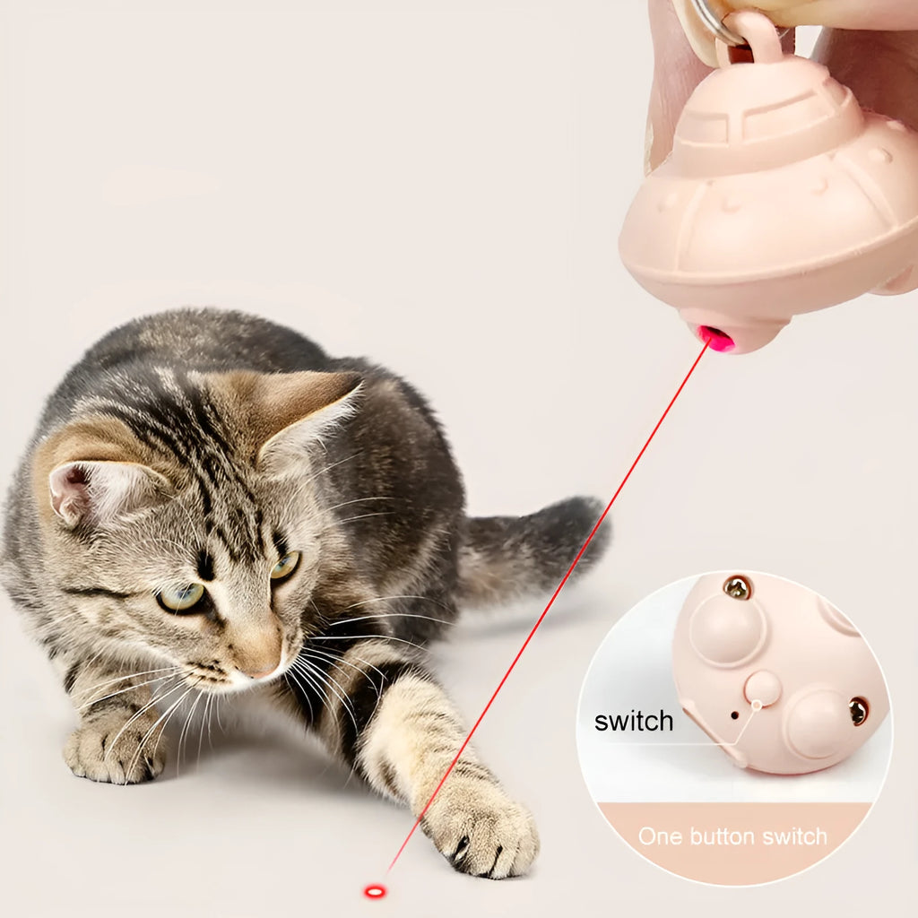 Green automatic cat collar laser toy showing dimensions and USB charging port