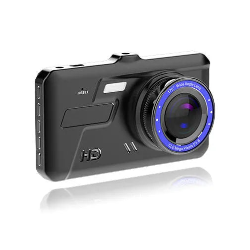 Black 4 inch touch screen car driving recorder with front and rear cameras
