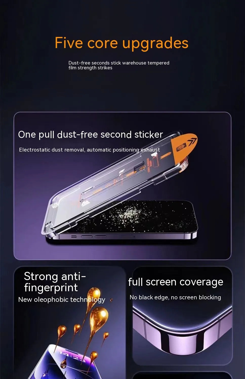 iPhone tempered glass screen protector with dust-free application kit on a table.