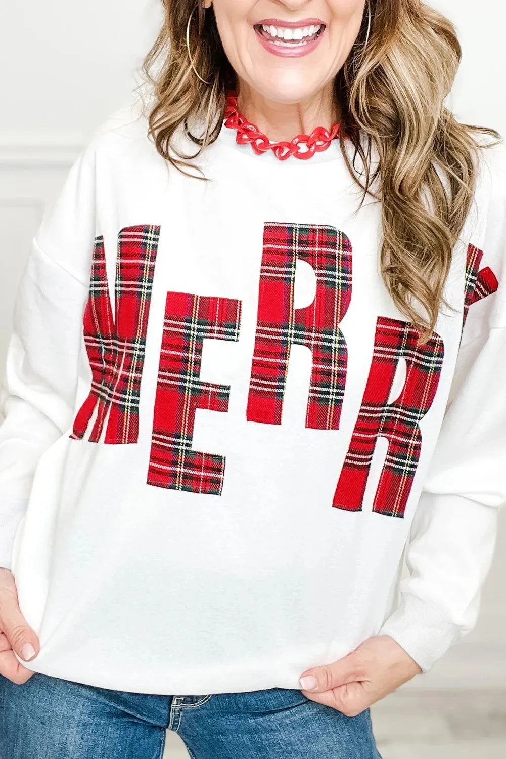 Women's casual embroidered side plaid pullover sweater in white, loose fit long sleeves