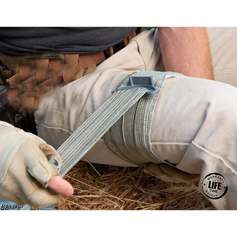 Portable outdoor hemostatic bandage with tactical gauze tape roll in first aid packaging