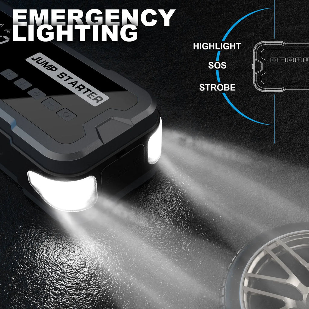 CY53 car emergency jump starter power bank unit with LCD display and LED lights.