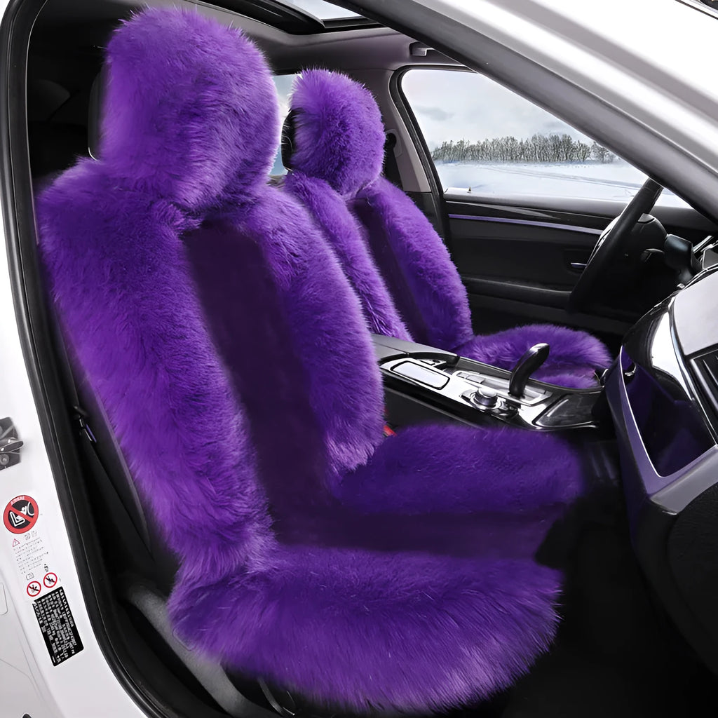 Purple plush fleece car seat cushion set for driver and front passenger winter warmth