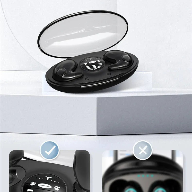 Ultra-thin true wireless Bluetooth earbuds in black with power display, 15-metre range, stereo sound