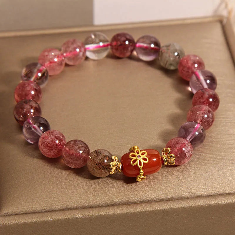 Natural Super Seven crystal bracelet with White Crystal and Red Agate beads in Cartoon style
