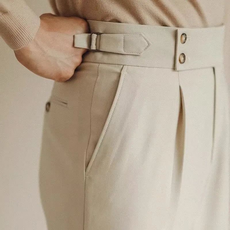 Men's slim fit straight leg suit trousers in black, white, or apricot colours