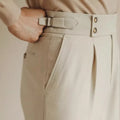 Men's slim fit straight leg suit trousers in black, white, or apricot colours
