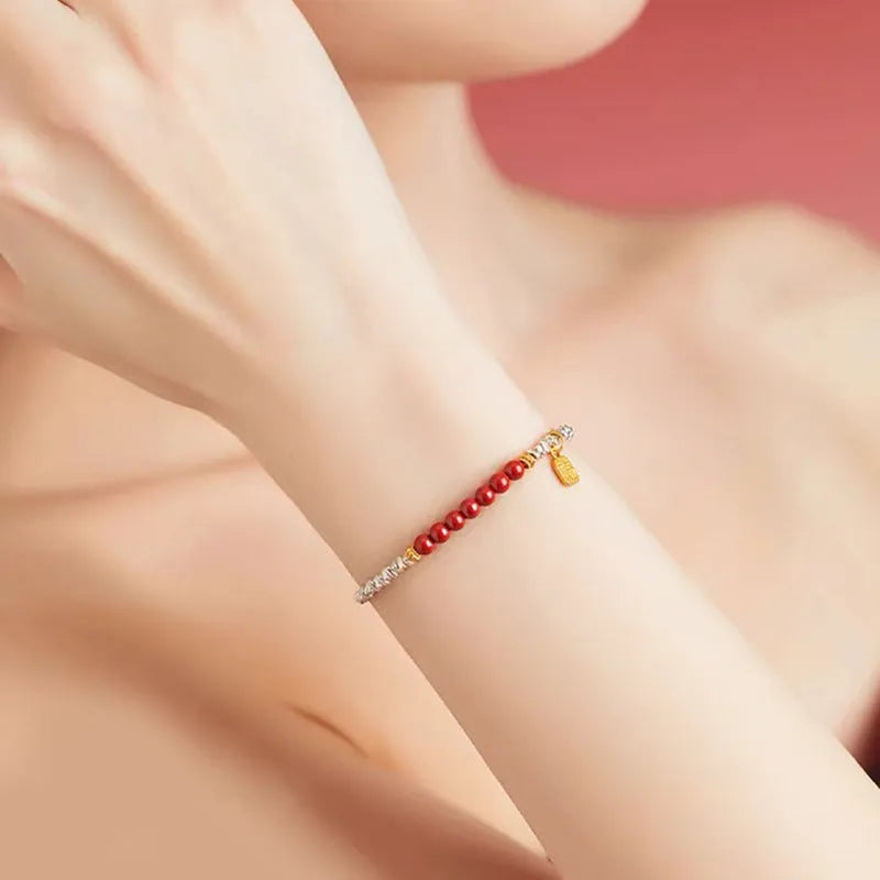 Silver lucky beads couple bracelet with geometric round beads and white K electroplated finish