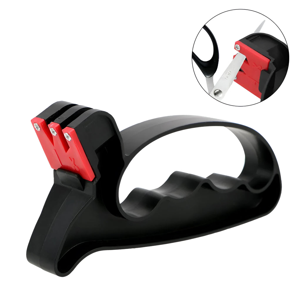 Black handheld 2-in-1 knife and scissor sharpener with tungsten steel blade