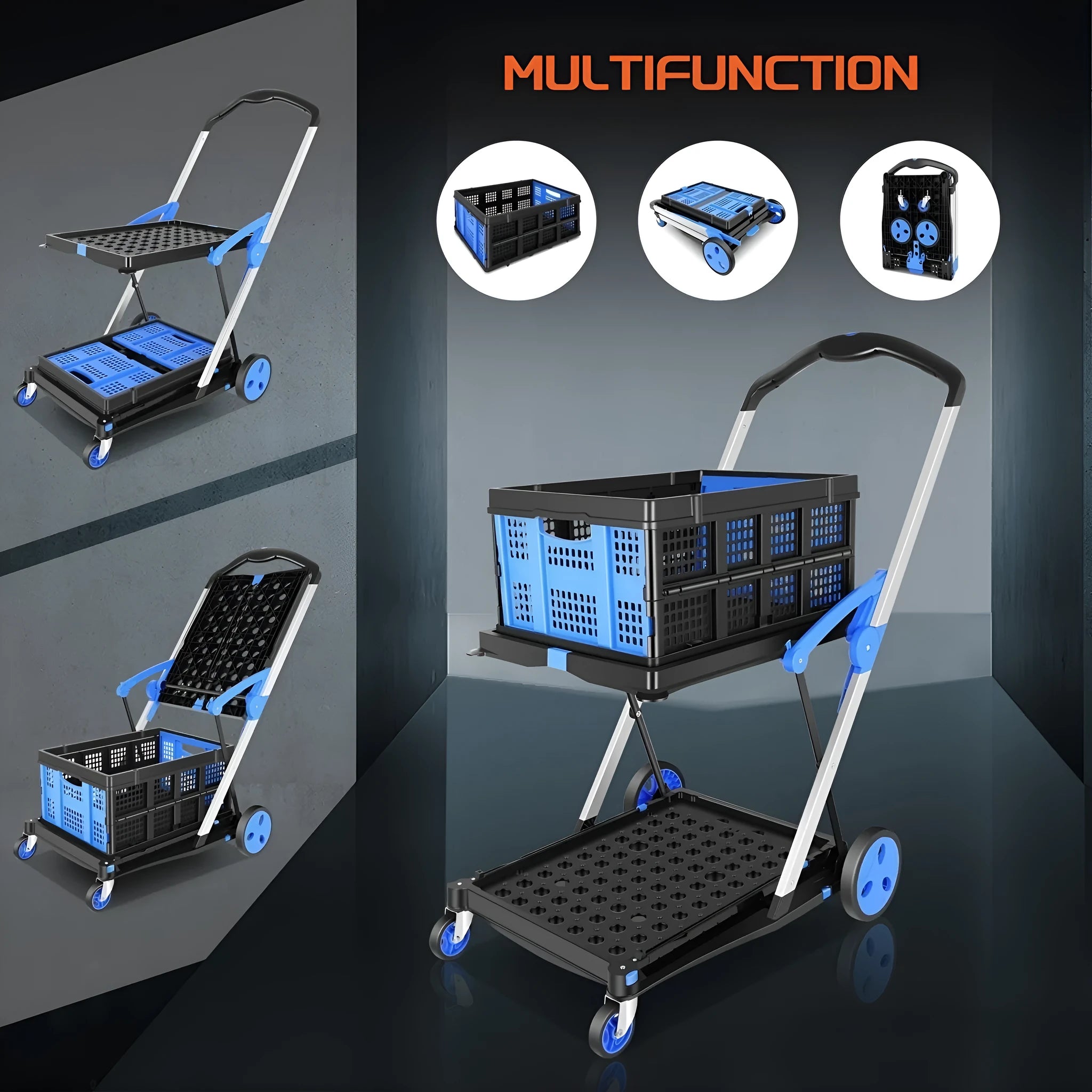 Foldable shopping cart with a double-layer plastic basket, shown in a choice of blue, purple, pink, or red colours.