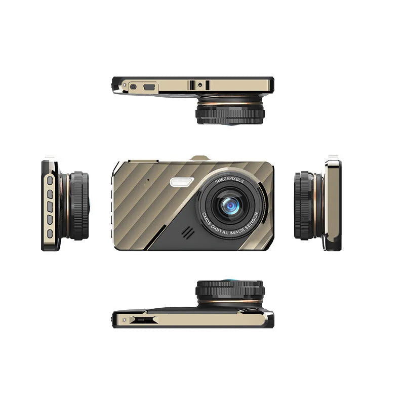 4 inch front and rear dual lens dash cam with touch screen display showing vehicle footage