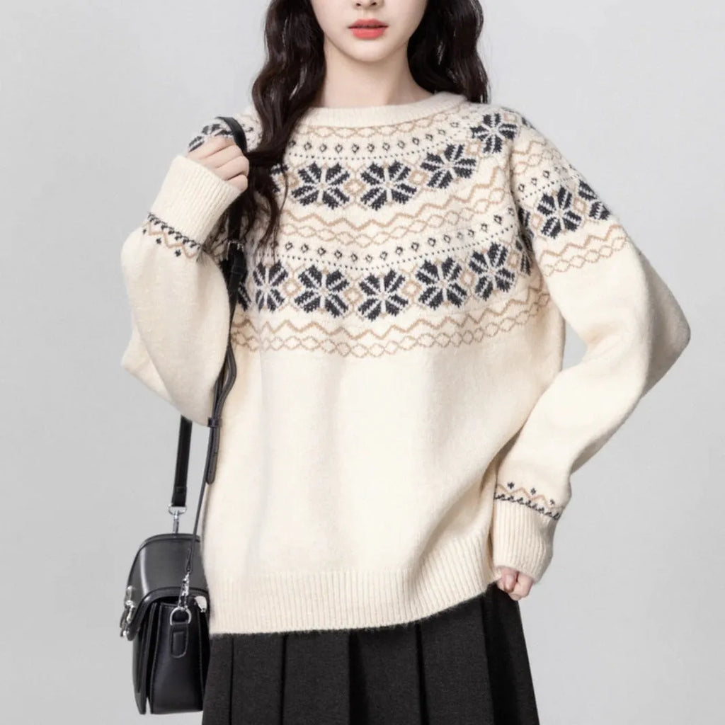 Women's milky white fair island geometric pattern knitted pullover sweater with crew neck.