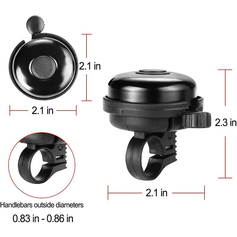 Black ABS bicycle bell with 58mm diameter and a metal mounting fixture.