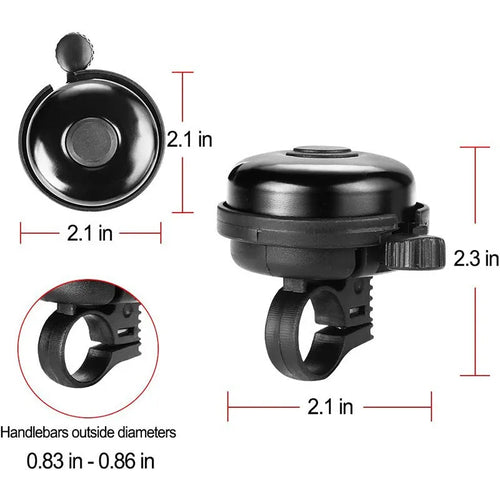 Black ABS bicycle bell with 58mm diameter and a metal mounting fixture.