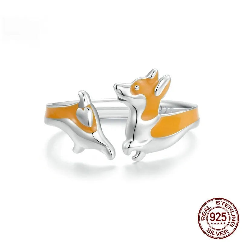 Silver cartoon corgi dog ring with electroplated SCR1014-E colour finish for women