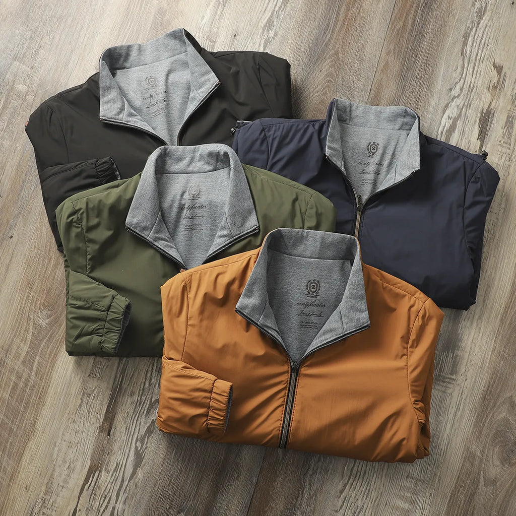Men's simple stand collar casual jacket in a polyester blend fabric, shown in one of four available colours.