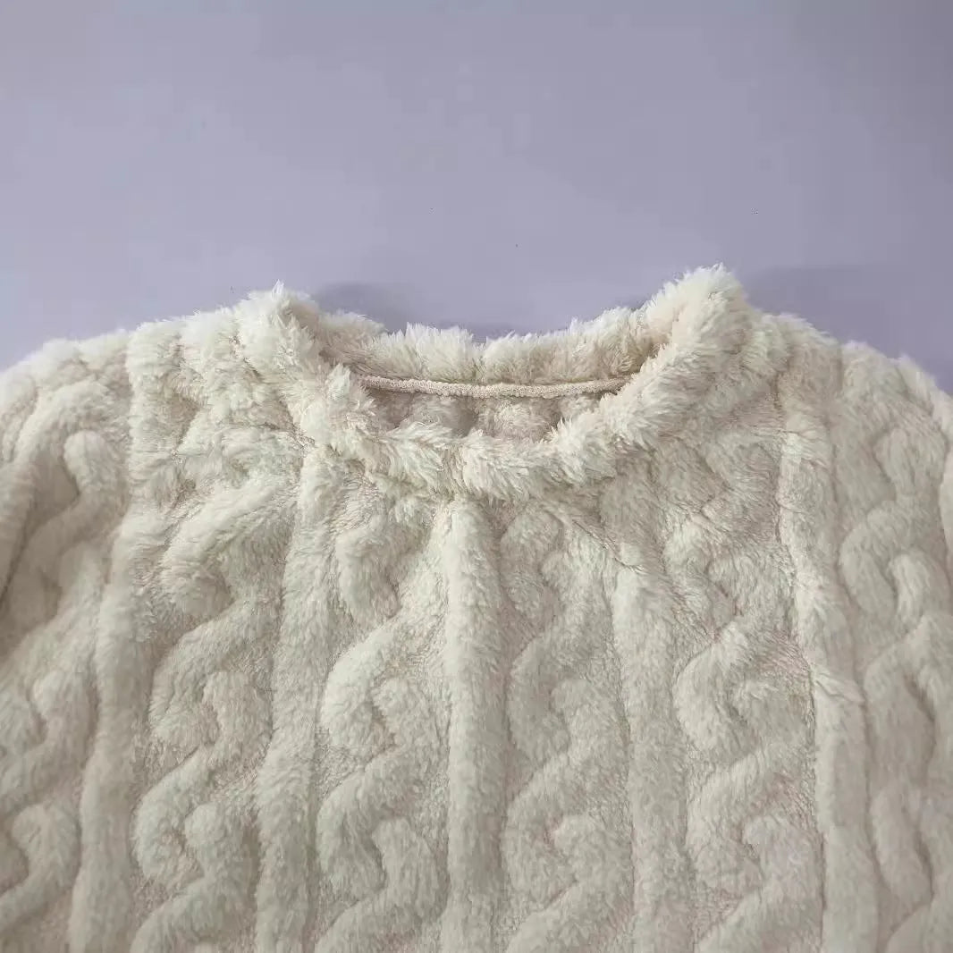 Women's creamy white plush two-piece casual set with crew neck top and matching trousers