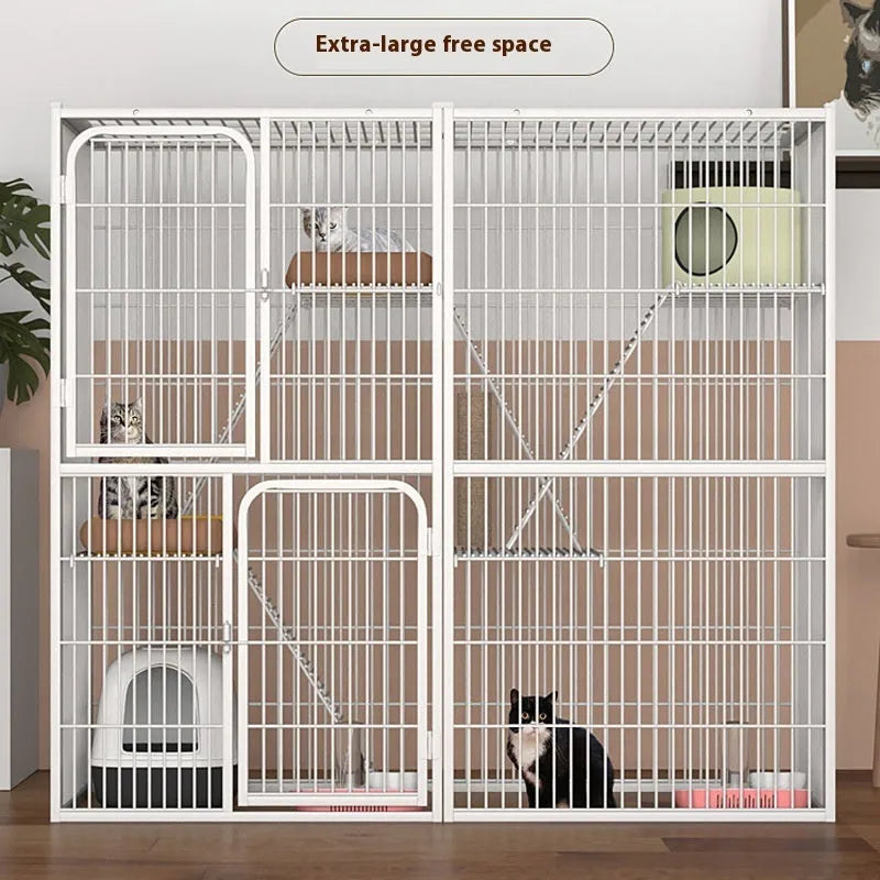 Indoor cat cage three-layer iron construction 142x54x130cm with cat inside white finish
