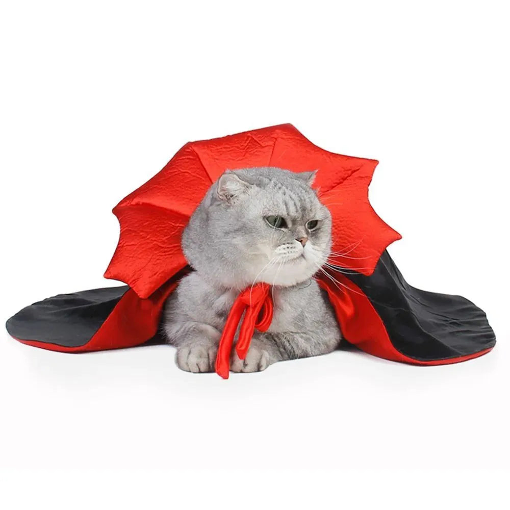 Vampire cloak Halloween costume for a small dog or cat showing sizes S, M, L with back length measurements.