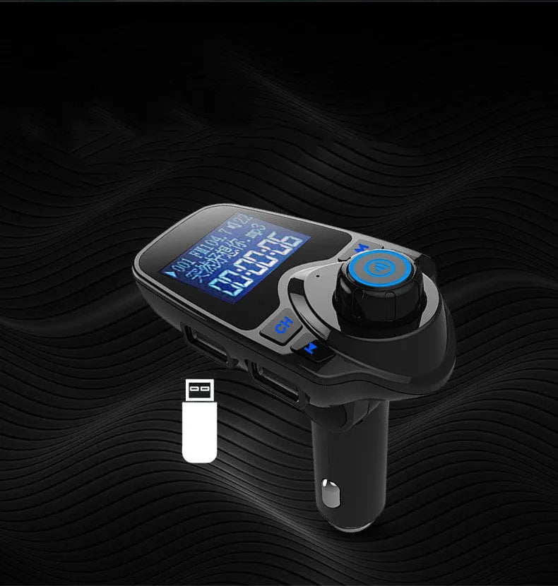 Black car Bluetooth hands-free device with FM transmitter, USB port, and TF card slot for music and calls