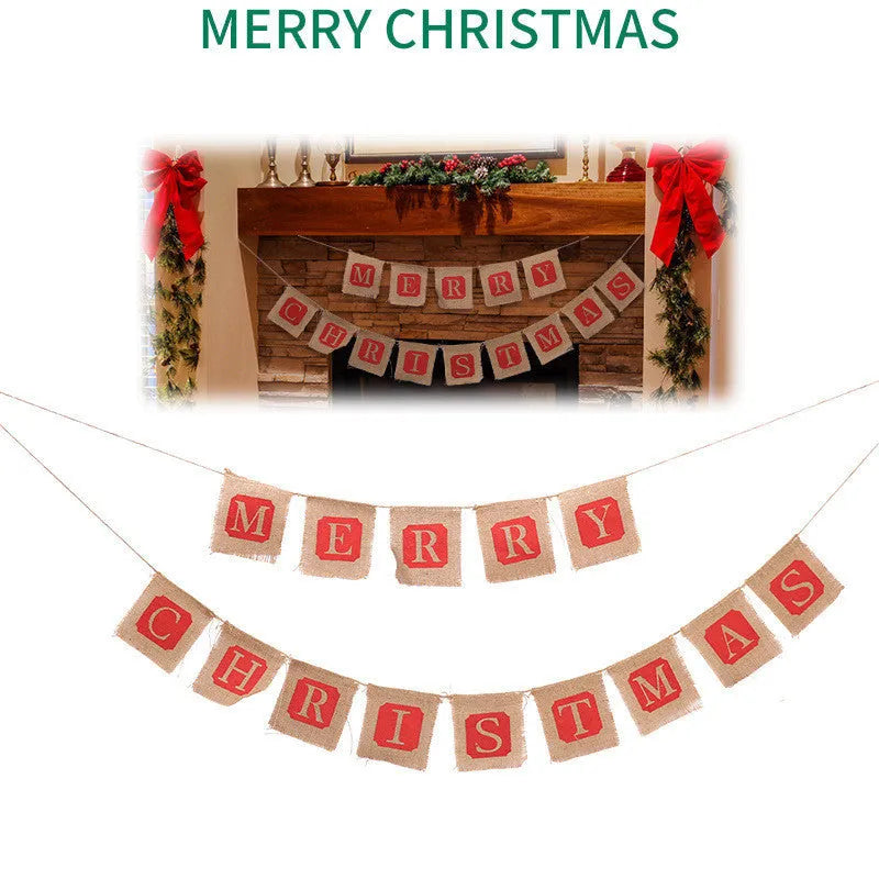 Brown and red burlap Christmas flag banner with fourteen pennants on natural string