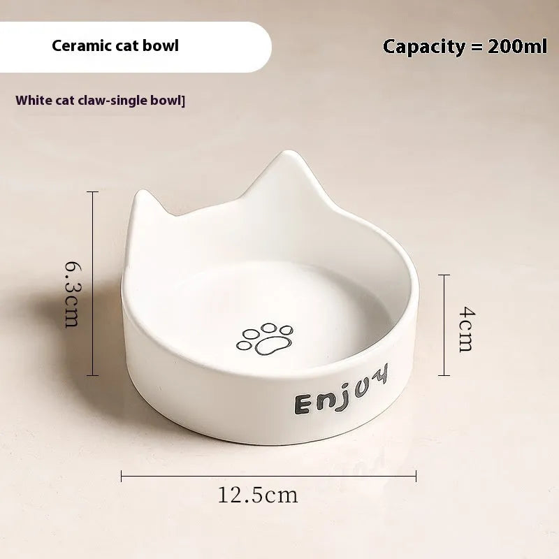 Porcelain cat bowls with wooden frame in cat ear paw design