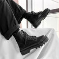 Black men's high-top platform ankle boots with side zipper on frosted cowhide leather.