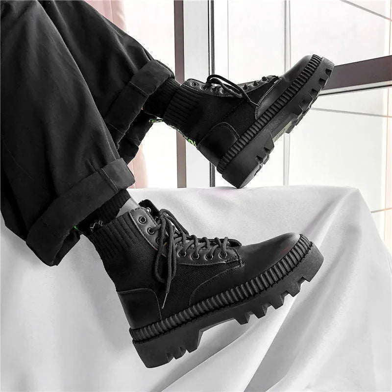Black men's high-top platform ankle boots with side zipper on frosted cowhide leather.