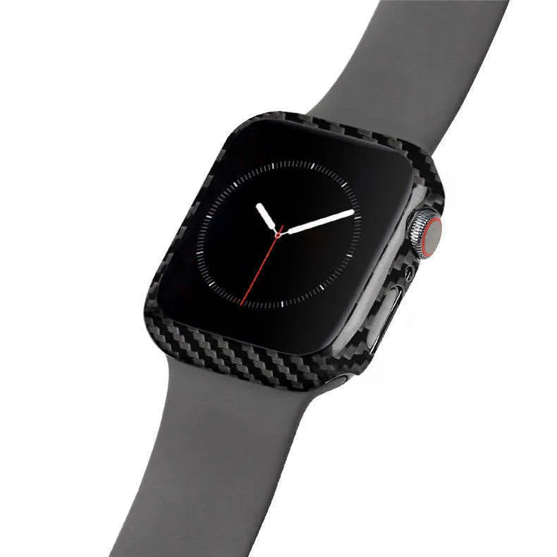 Apple Watch 4 carbon fibre leather case in 44mm size showing bright black finish