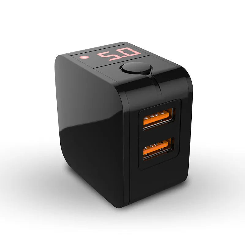 Black 5V2.4A dual USB travel charger with digital display showing a European standard plug