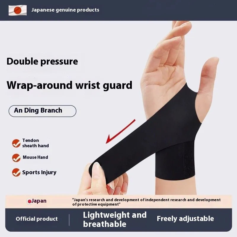 Adjustable black athletic wristguard for left or right hand during badminton or tennis.