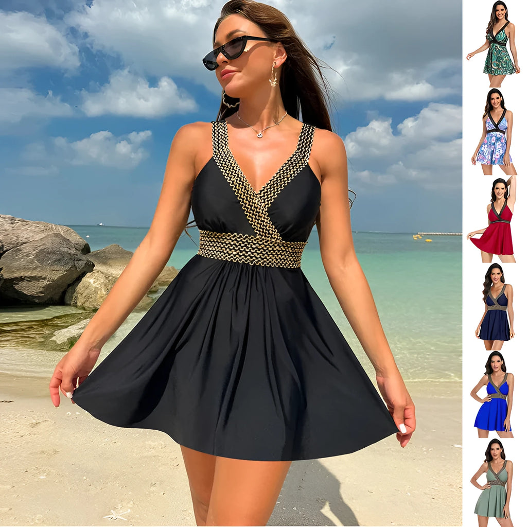 Woman wearing a V-neck printed swimsuit cover-up dress on the beach