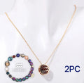 Natural stone beaded necklace and bracelet set on a table, showing adjustable cotton cord ties.