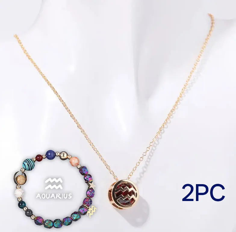 Natural stone beaded necklace and bracelet set on a table, showing adjustable cotton cord ties.