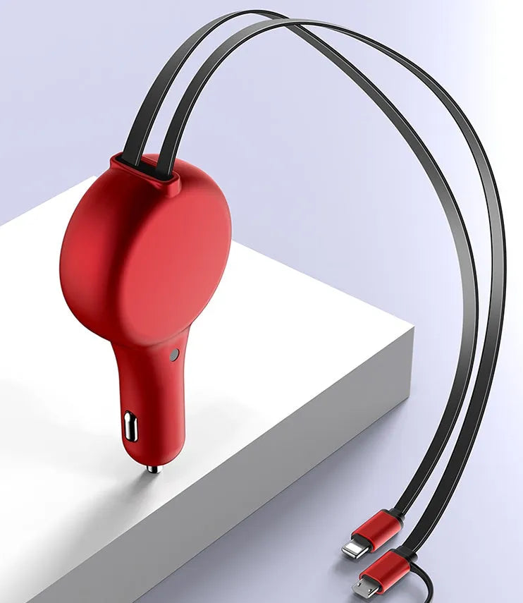 Black retractable car charger with extended cables showing USB, QC3.0, and PD charging heads